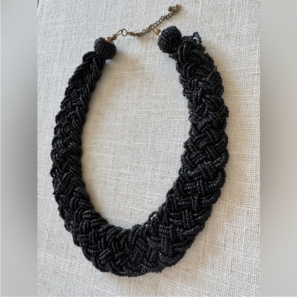 Black Beaded Statement Necklace Bib Collar Braided Adjustable Costume Chunky - Picture 5 of 8